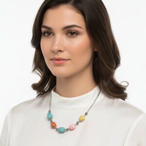 Multi-Color Large Stone Easter Egg Silver Tone Necklace